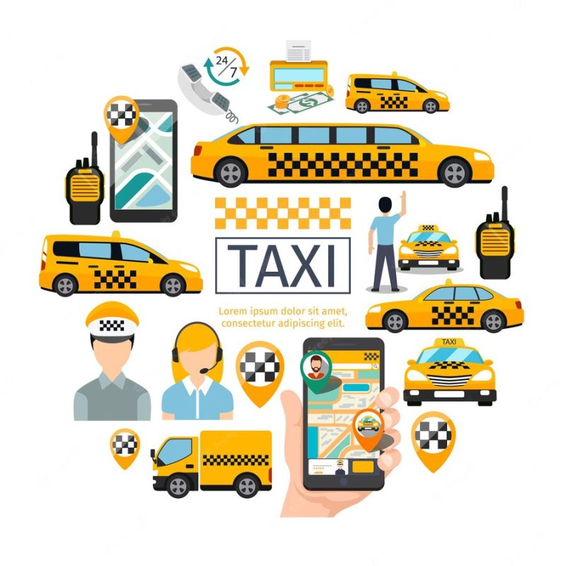 Flat taxi service round concept with driver operator passenger radio set map pointers money co