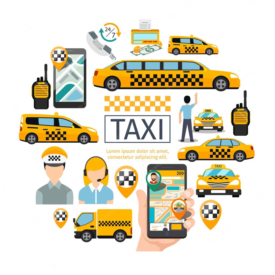 Flat Taxi Service Round Concept With Driver Operator Passenger Radio Set Map Pointers Money Counter Mobile With Navigation Application Different Cars Illustration 1284 51236