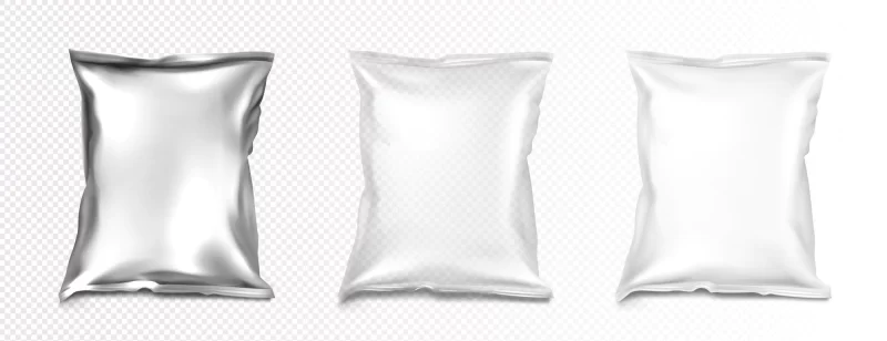 Foil and plastic bags mockup, blank white, transparent and silver metallic colored pillow packages mockup. Free Vector