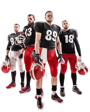 Four Caucasian Fitness Men As American Football Players Posing Full Length With Ball White Background 155003 16640