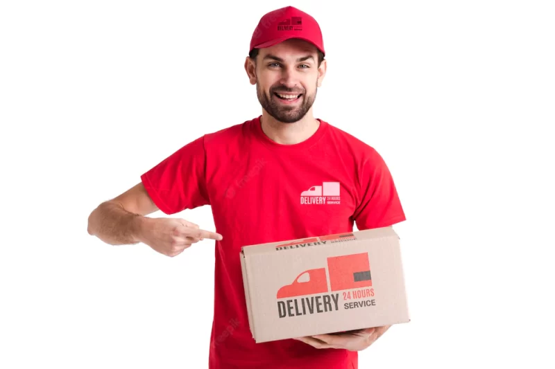 Free non-stop delivery man pointing to a box Free Psd