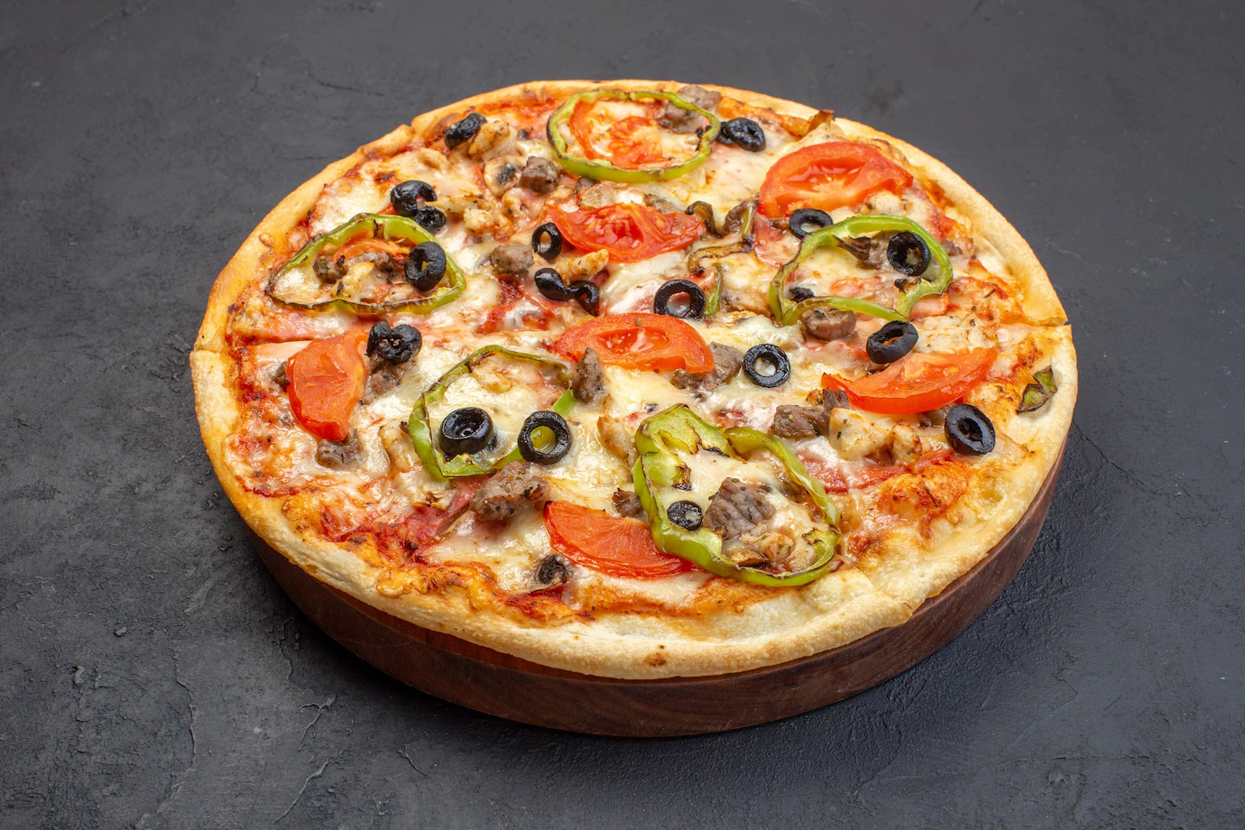 Front View Delicious Cheese Pizza Consists Olives Pepper Tomatoes Dark Surface 179666 34391