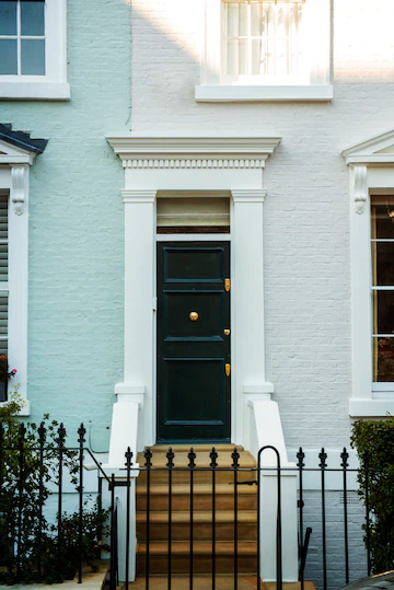 Front View Front Door With Blue White Wall Plants 23 2149360585