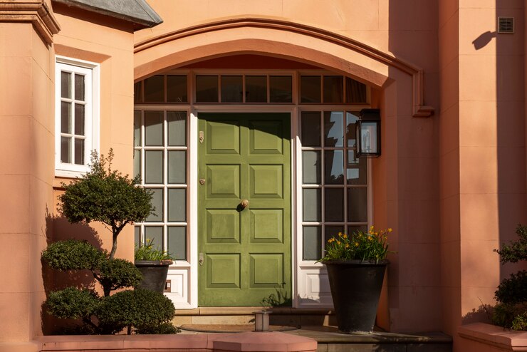 Front View Front Door With Orange Wall Plants 23 2149360604