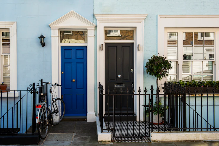 Front View Front Doors With Blue Wall Plants 23 2149360593