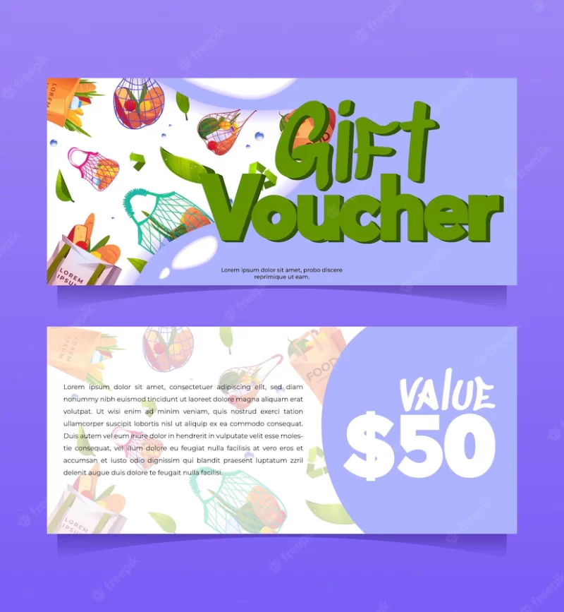 Gift voucher, certificate with grocery in eco bags Free Vector