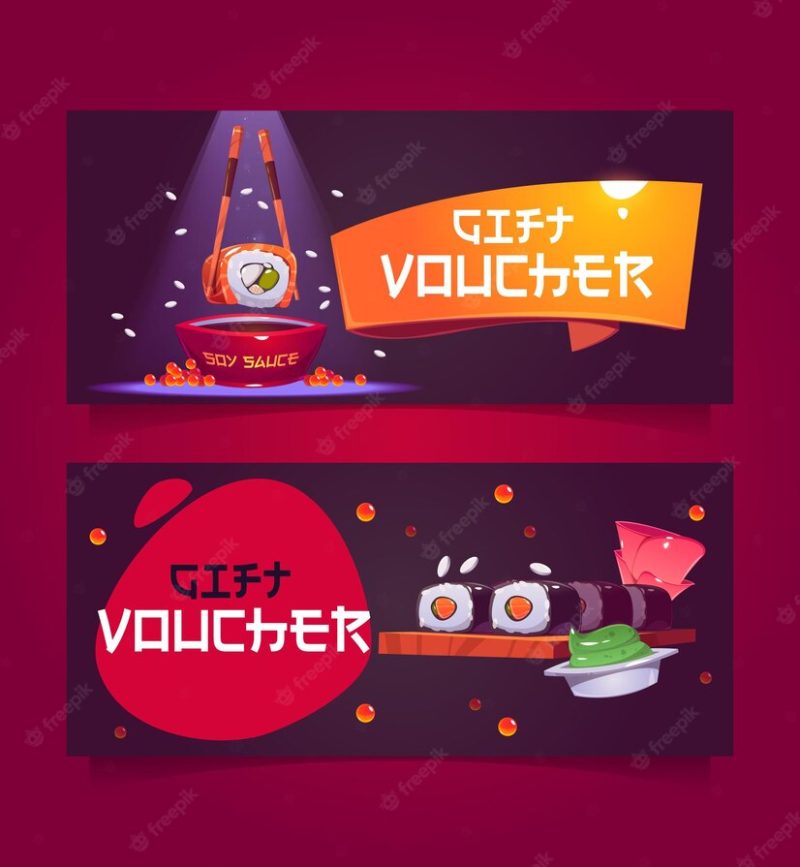 Gift voucher template with japanese sushi Free Vector