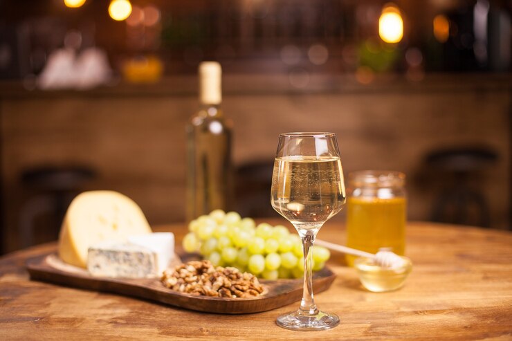 Glass White Wine Cheese Grapes Old Wooden Table Delicious Grapes Fine Beverage Jar Honey 482257 19772