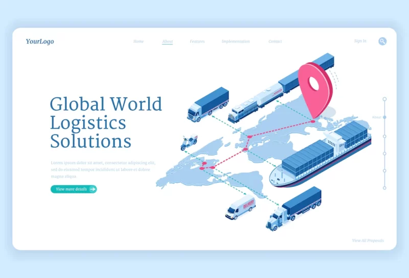 Global logistics solutions isometric landing page Free Vector