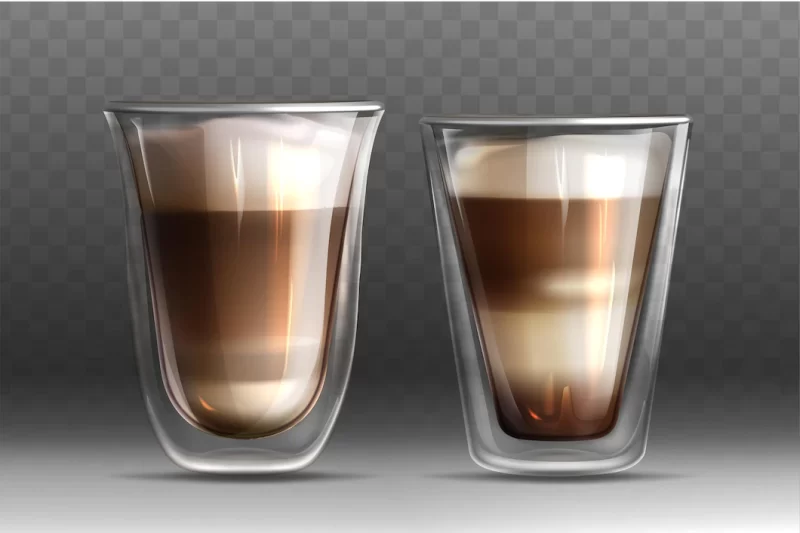 Glossy glass cups with double wall full of hot coffee drink. realistic cappuccino or latte with milk and foam isolated on transparent background. template for advertising, branding or product design. Free Vector