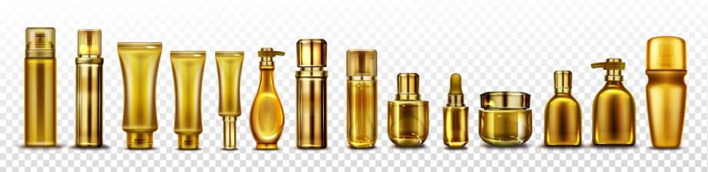 Gold cosmetic bottles mockup, golden cosmetics tubes for essence, Free Vector