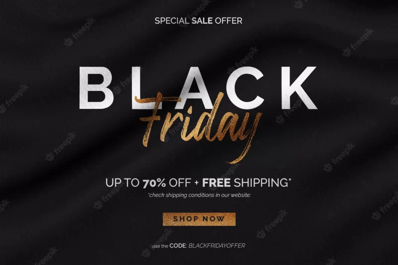 Golden black Friday sale banner in wavy fabric background Free Psd