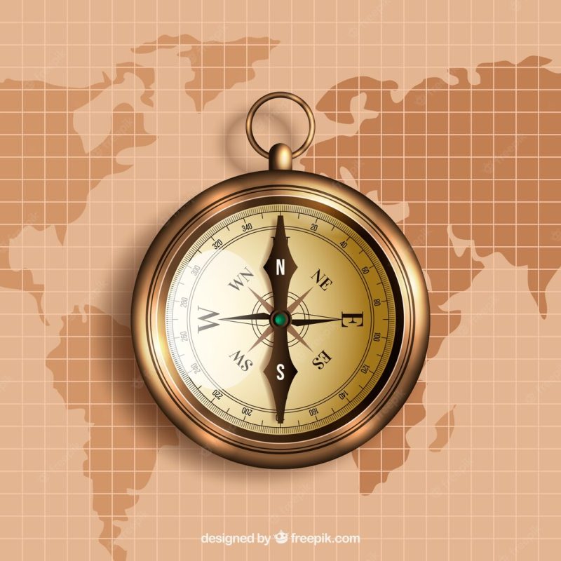 Golden compass on world map background Free Vector