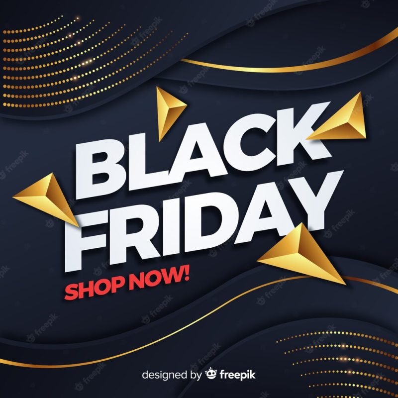 Gradient black friday with background black and golden waves Free Vector