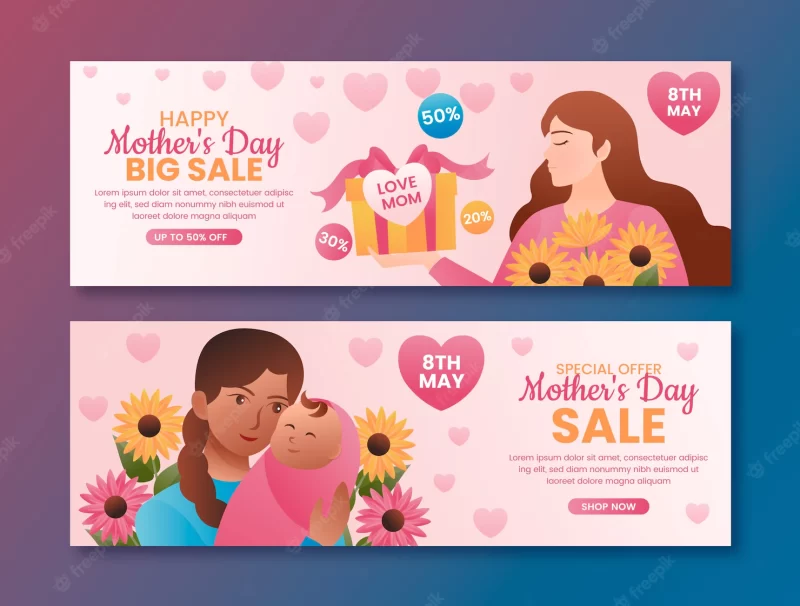 Gradient mothers day sale horizontal banners pack Premium Vector