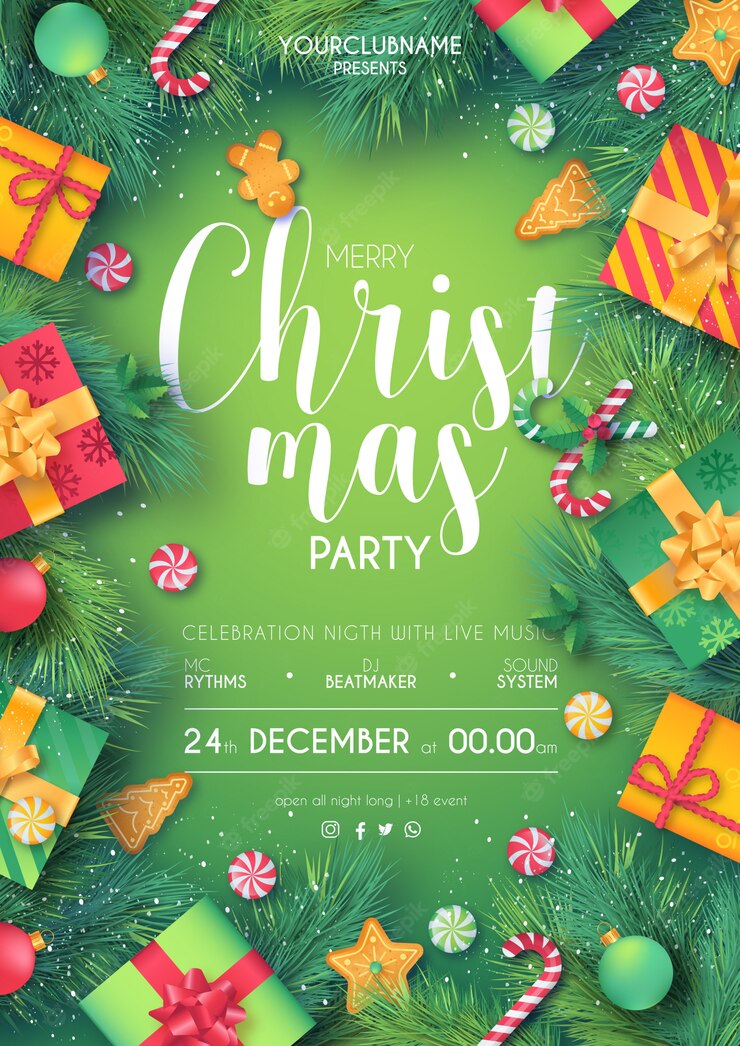 Green & red christmas party poster ready to print Free Vector