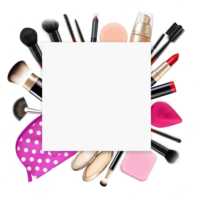 Hair coloring realistic composition with empty square frame on top of cosmetics bag contents brushes eyeliners Free Vector