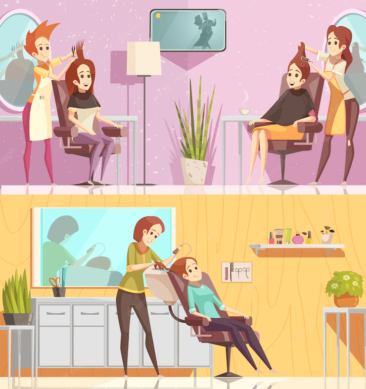 Hair Salon Service 2 Retro Cartoon Horizontal Banners Set With Styling Cutting Coloring Treatments Isolated 1284 20337