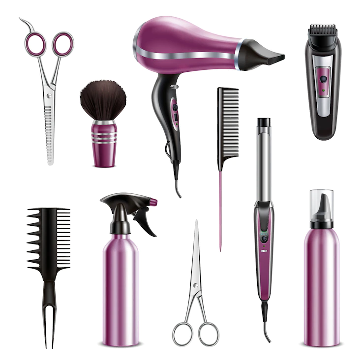 Hairdresser Tools Realistic Set With Hairdryer Combs Scissors Trimmer Sprayer Pump Dispenser Electric Curler Isolated 1284 31975