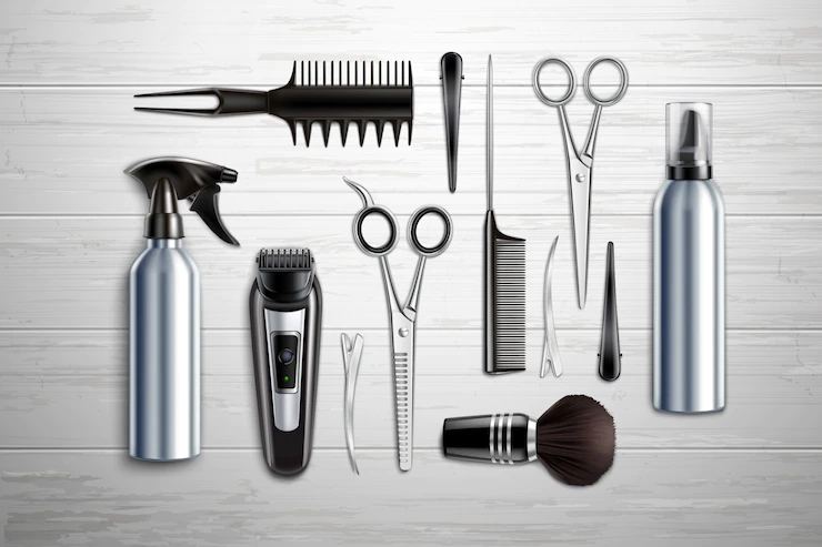 Hairdressing salon barber shop tools collection realistic top view with scissors trimmer clipper monochrome wooden table vector illustration Free Vector