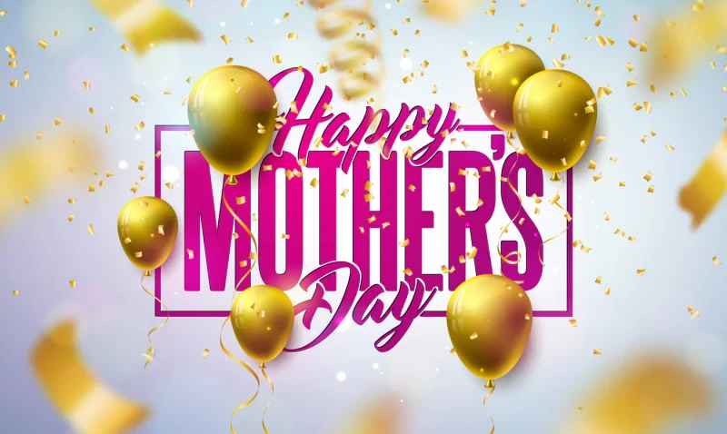 Happy mother’s day greeting card design with gold balloon and falling confetti on light background. celebration illustration template for banner, flyer, invitation, brochure, poster. Free Vector