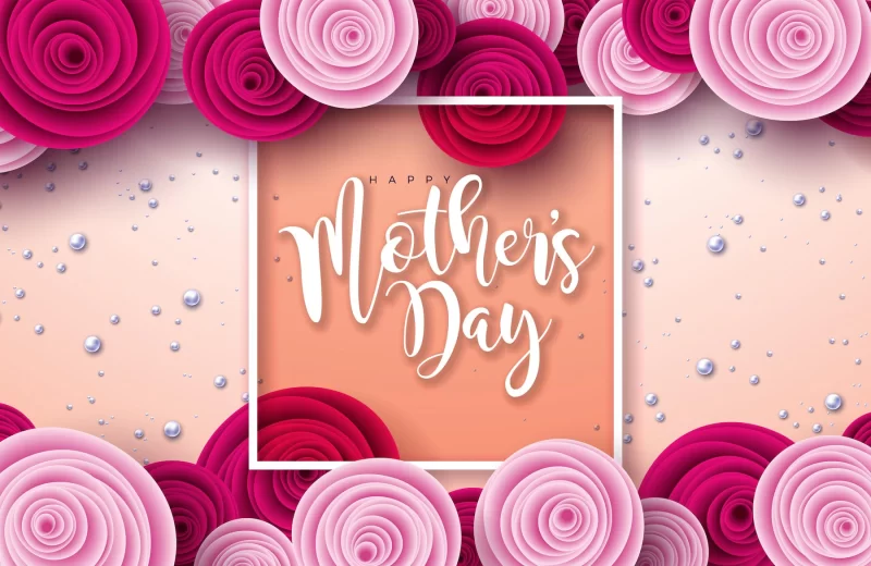 Happy mother’s day illustration with rose flower and typography letter on light pink background Free Vector