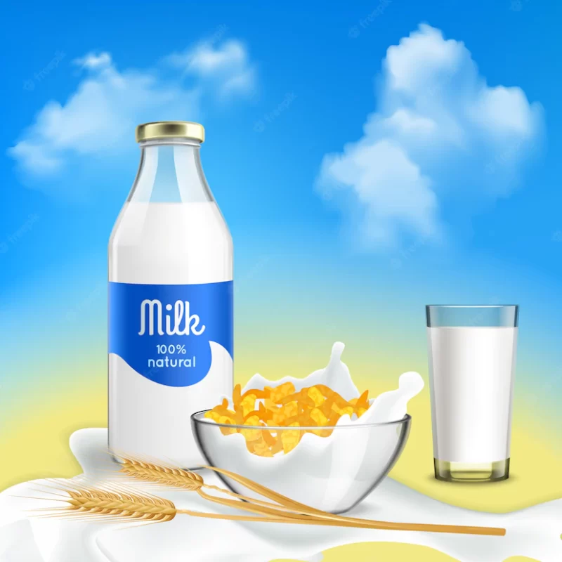 Healthy breakfast with natural milk and grain flakes Free Vector