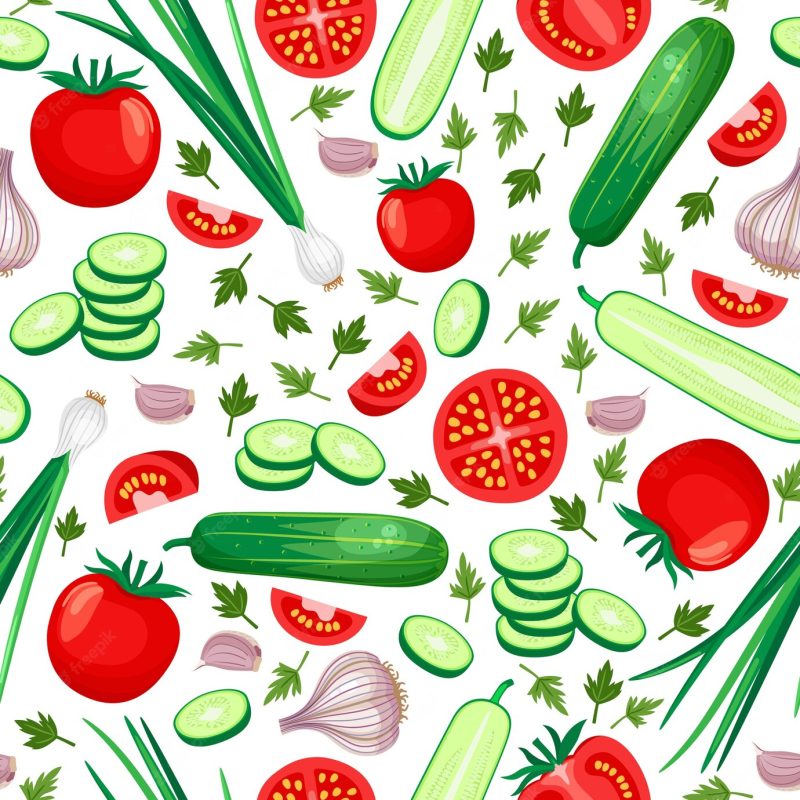 Healthy food seamless pattern. cucumber, tomato, onion and garlic. vector illustration Free Vector