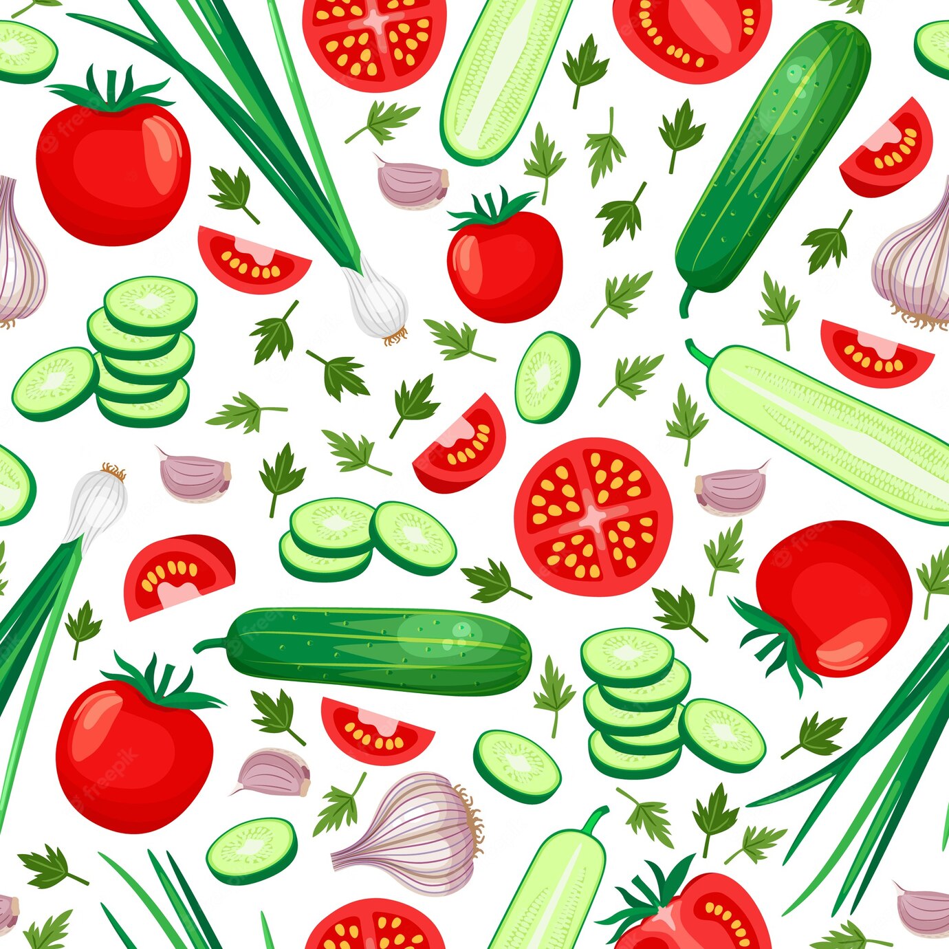 Healthy Food Seamless Pattern Cucumber Tomato Onion Garlic Vector Illustration 1284 42019