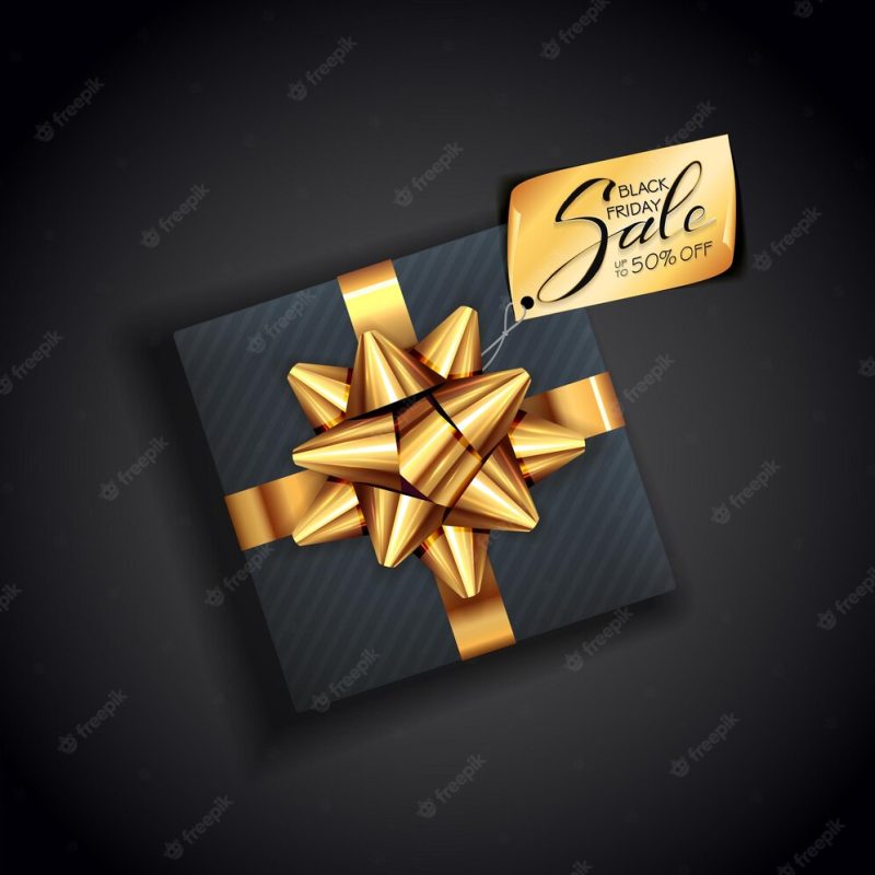 Holiday gift box with golden bow and banner with text black friday sale on black background. illustration can be used for holiday design, advertisement, cards, banner, coupon, discount, sale. Premium Vector