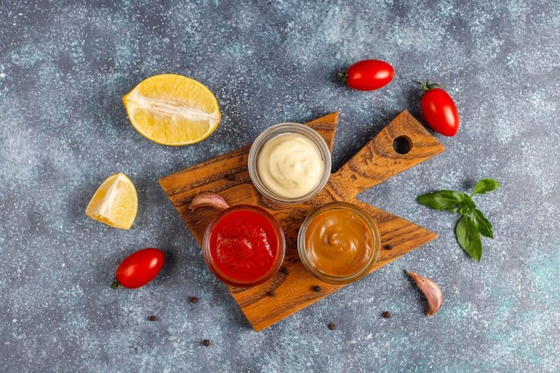 Homemade ketchup,mustard and mayonnaise sauce. Free Photo