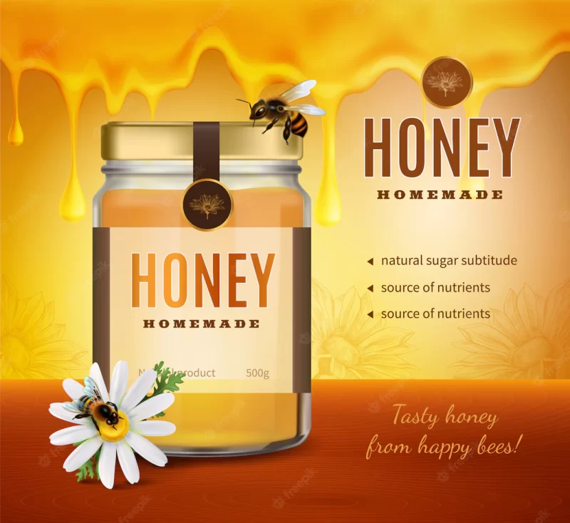 Honey advertising composition with realistic image of product packaging bottle with brand na