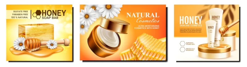 Honey cosmetics skincare background poster set oil design beauty care organic collagen gol
