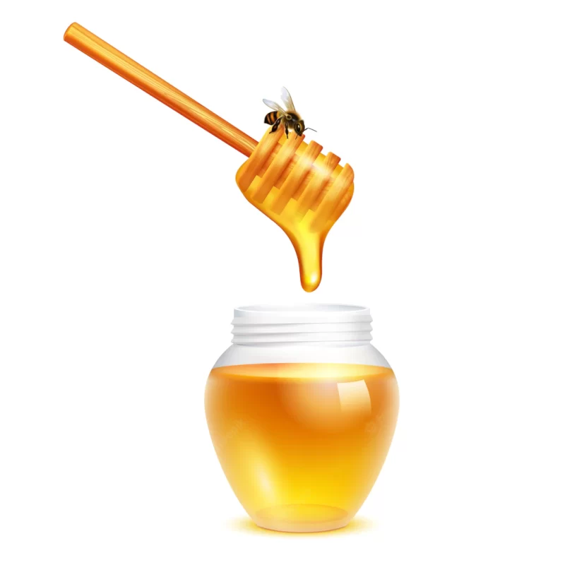 Honey dripping from dipper stick with honeybee in glass jar realistic design concept on white