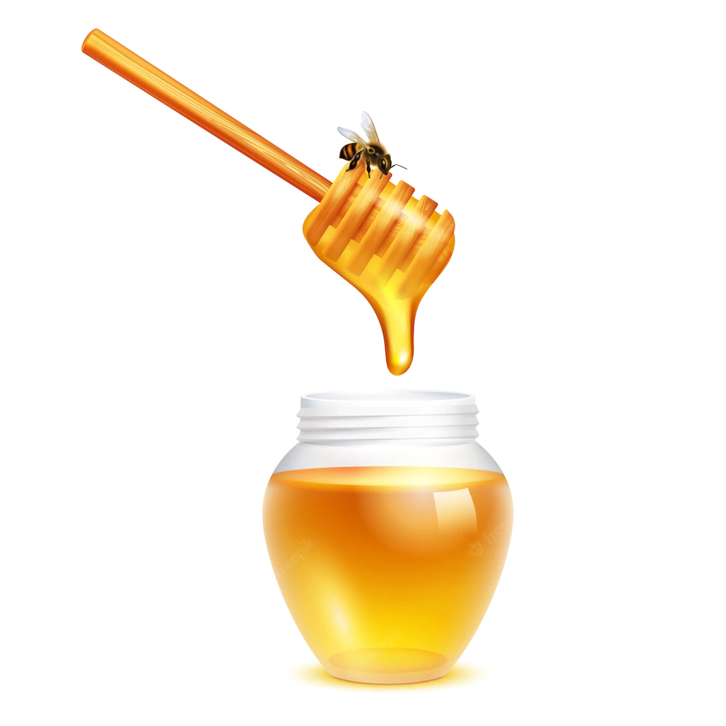 Honey Dripping From Dipper Stick With Honeybee Glass Jar Realistic Design Concept White Background 1284 20368