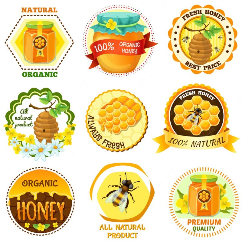 Honey emblem set with descriptions of natural organic fresh honey best price all natural produ Honey emblem set with descriptions of natural organic fresh honey best price all natural produ