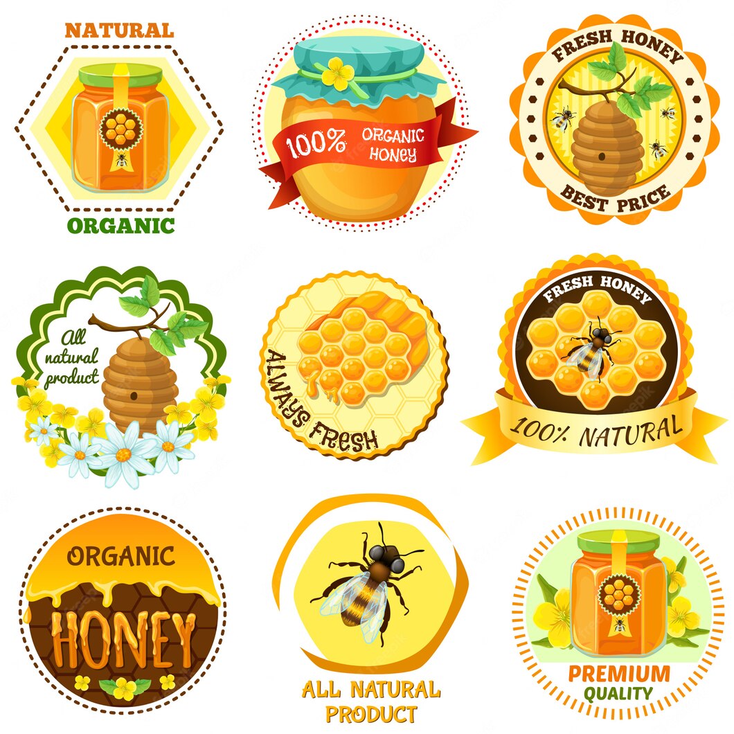 Honey Emblem Set With Descriptions Natural Organic Fresh Honey Best Price All Natural Product Vector Illustration 1284 33556