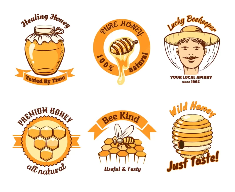 Honey labels and beekeeping logo. food sweet, insect and cell, honeycomb and beeswax, com