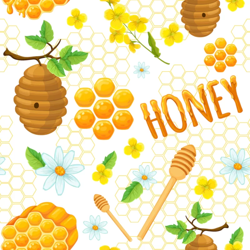 Honey seamless pattern with elements of honeycomb flowers and insects vector illustration Free