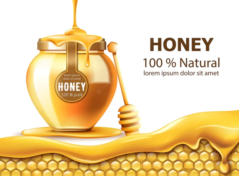 Honeycombs and a jar with honey Free Vector