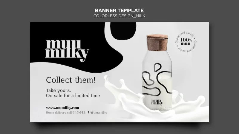 Horizontal banner template for milk with colorless design Free Psd