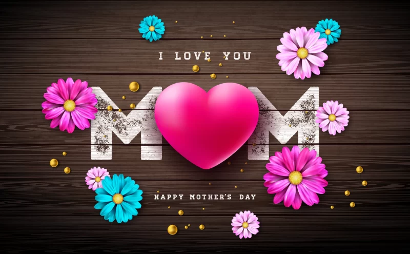 I love you mom. happy mother’s day greeting card design with heart and pearl on vintage wood background. Free Vector