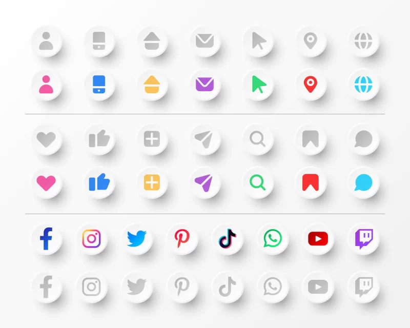 Icons and social media logos collection for business cards and websites in neumorphism styl Free V