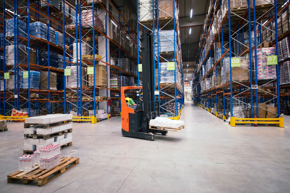 Industrial Building Large Warehouse Interior With Forklift Palette With Goods Shelves 342744 1492