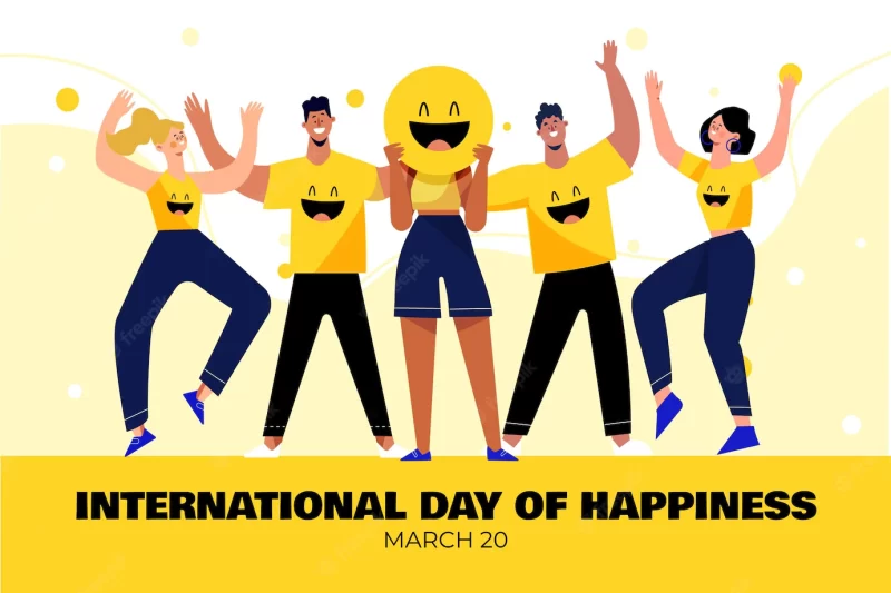 International day of happiness illustration with people and emoji Free Vector