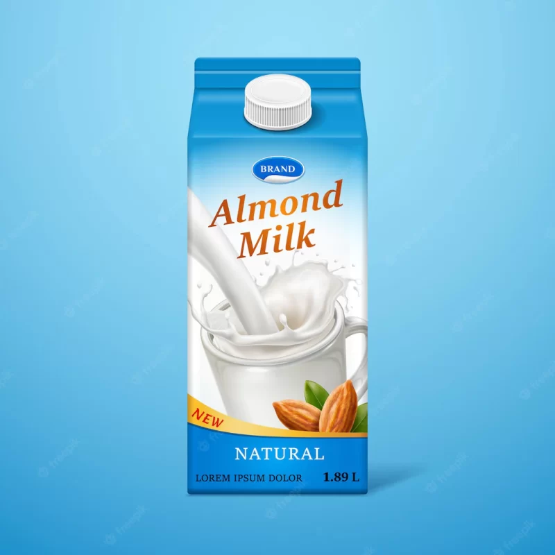 Isolated almond milk in paper package with liquid splash and nuts natural drink branding on carton Premium Vector