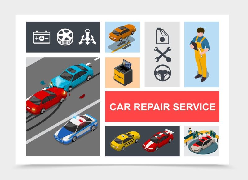 Isometric car repair service composition with accident on road police taxi sports cars mechanics automobile painting process auto icons Free Vector