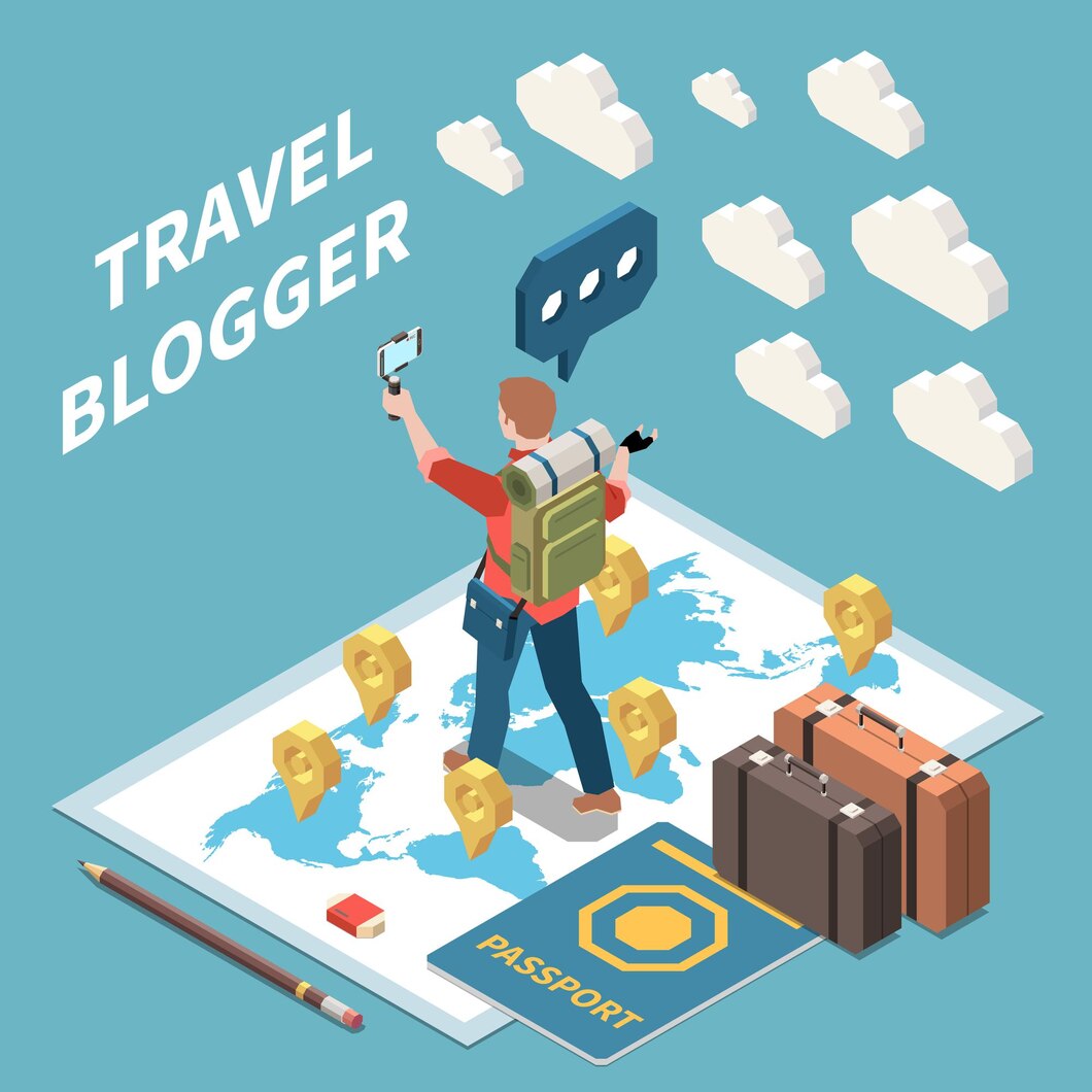 Isometric Composition With Travel Blogger Streaming Video Passport Suitacases World Map 3d 1284 54489