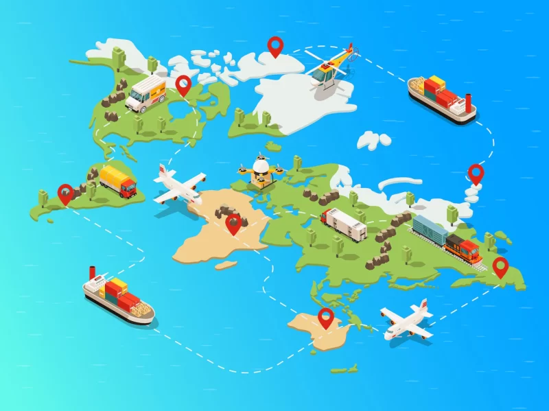 Isometric global logistic network template with truck ship airplane helicopter drone train transpo Isometric global logistic network template with truck ship airplane helicopter drone train transpo