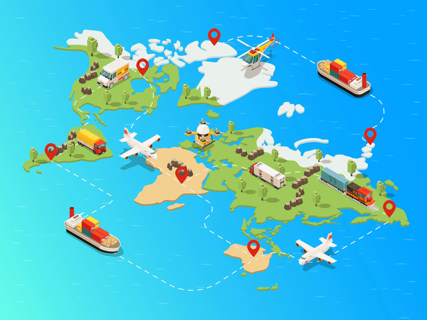 Isometric Global Logistic Network Template With Truck Ship Airplane Helicopter Drone Train Transporting Different Goods 1284 38888